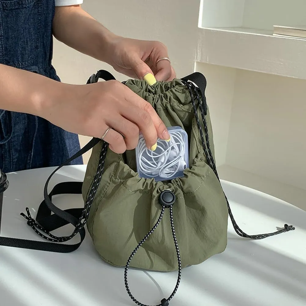 Drawstring Bucket Bag Women 2025 Spring Trendy Nylon Crossbody Bags Mini Purse Satchel Handbags Removeable Strap
