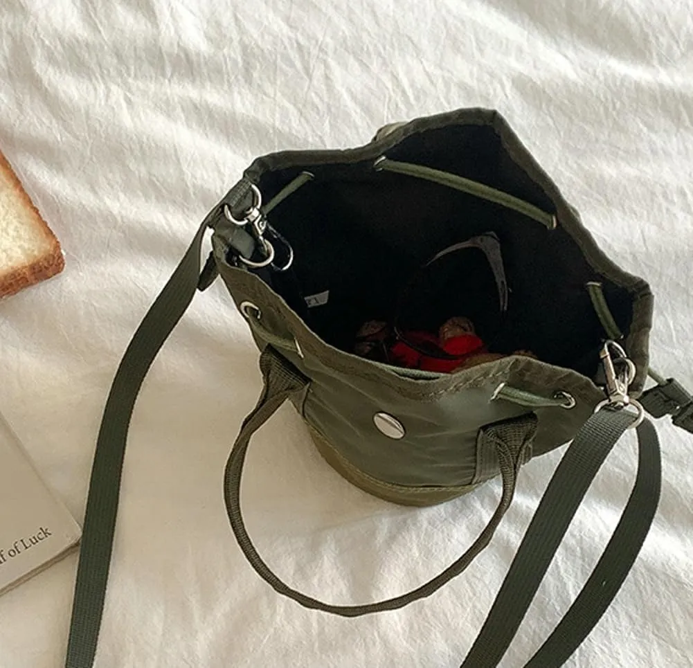 Drawstring Bucket Bag Women 2025 Spring Trendy Nylon Crossbody Bags Mini Purse Satchel Handbags Removeable Strap