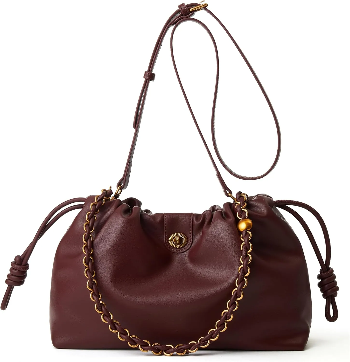 Drawstring Hobo Purse for Women Trendy Bucket Shoulder Bag With Top Chain Handle And Long Crossbody Strap