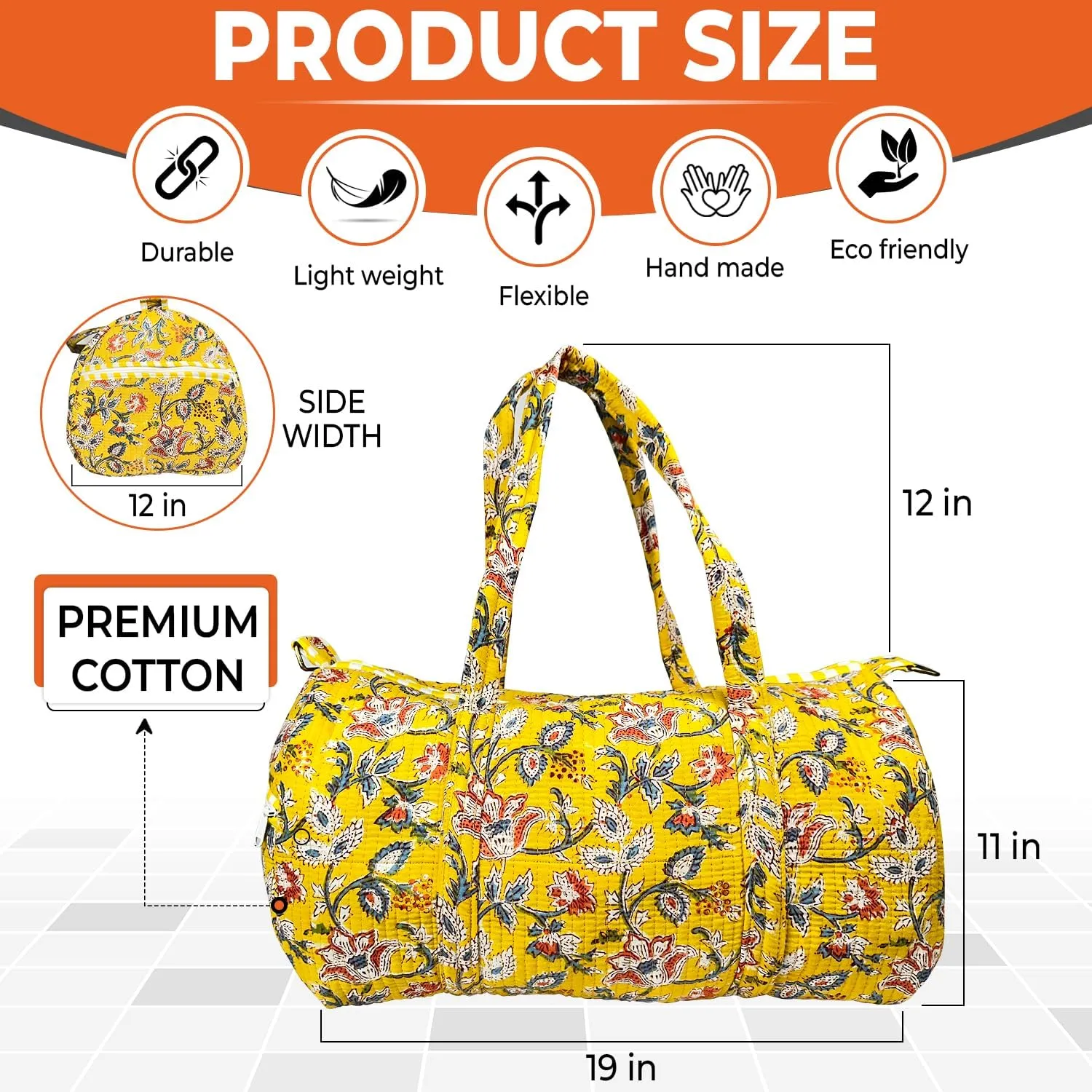 Duffle Bag – Handmade Block Print Duffle, Boho, Weekender, Travel Tote | Overnight Gym Yoga | Sustainable Cotton | Maternity, Hospital & Pregnancy Essentials | Washable