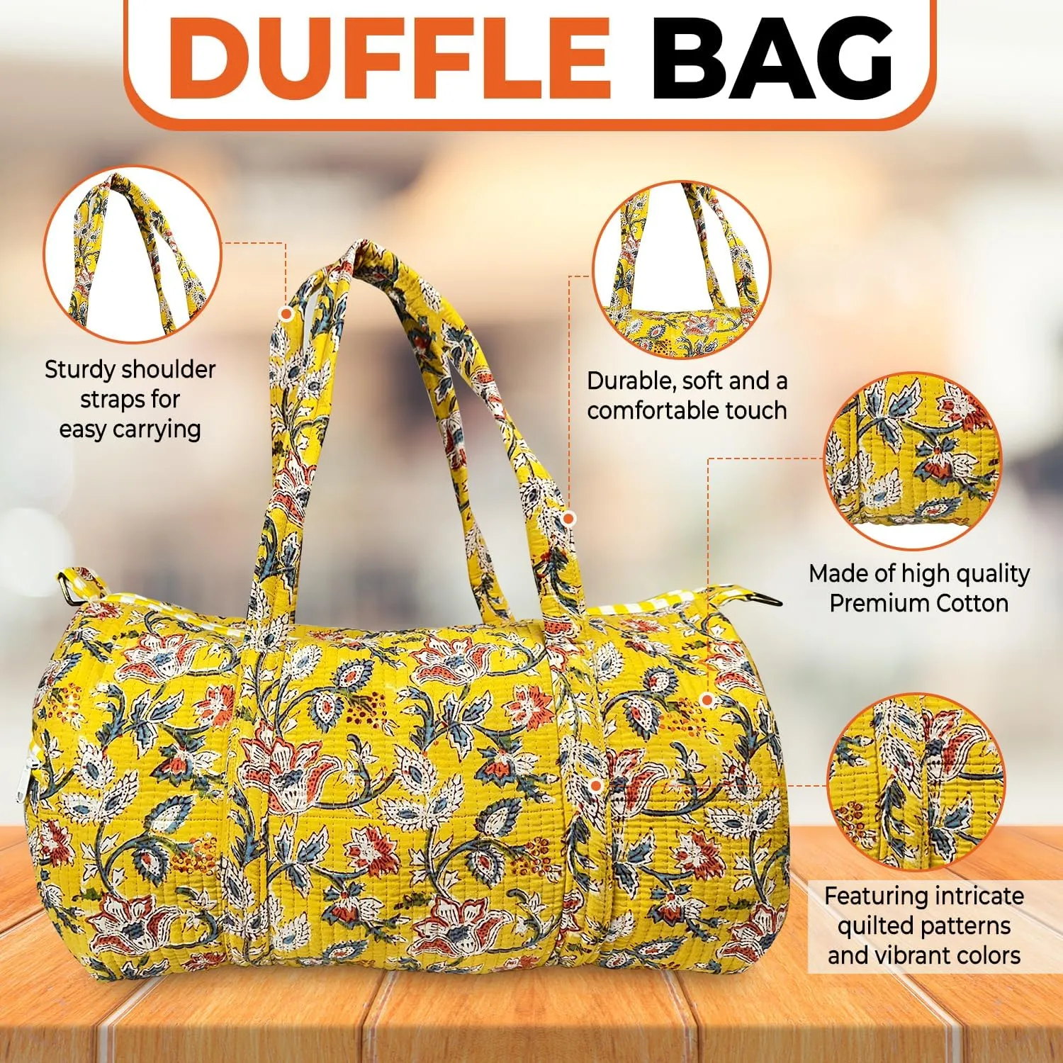 Duffle Bag – Handmade Block Print Duffle, Boho, Weekender, Travel Tote | Overnight Gym Yoga | Sustainable Cotton | Maternity, Hospital & Pregnancy Essentials | Washable