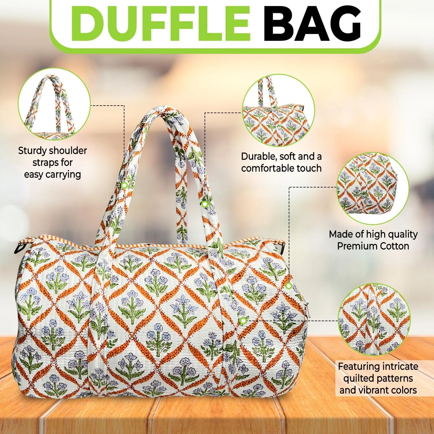 Duffle Bag – Handmade Block Print Duffle, Boho, Weekender, Travel Tote | Overnight Gym Yoga | Sustainable Cotton | Maternity, Hospital & Pregnancy Essentials | Washable