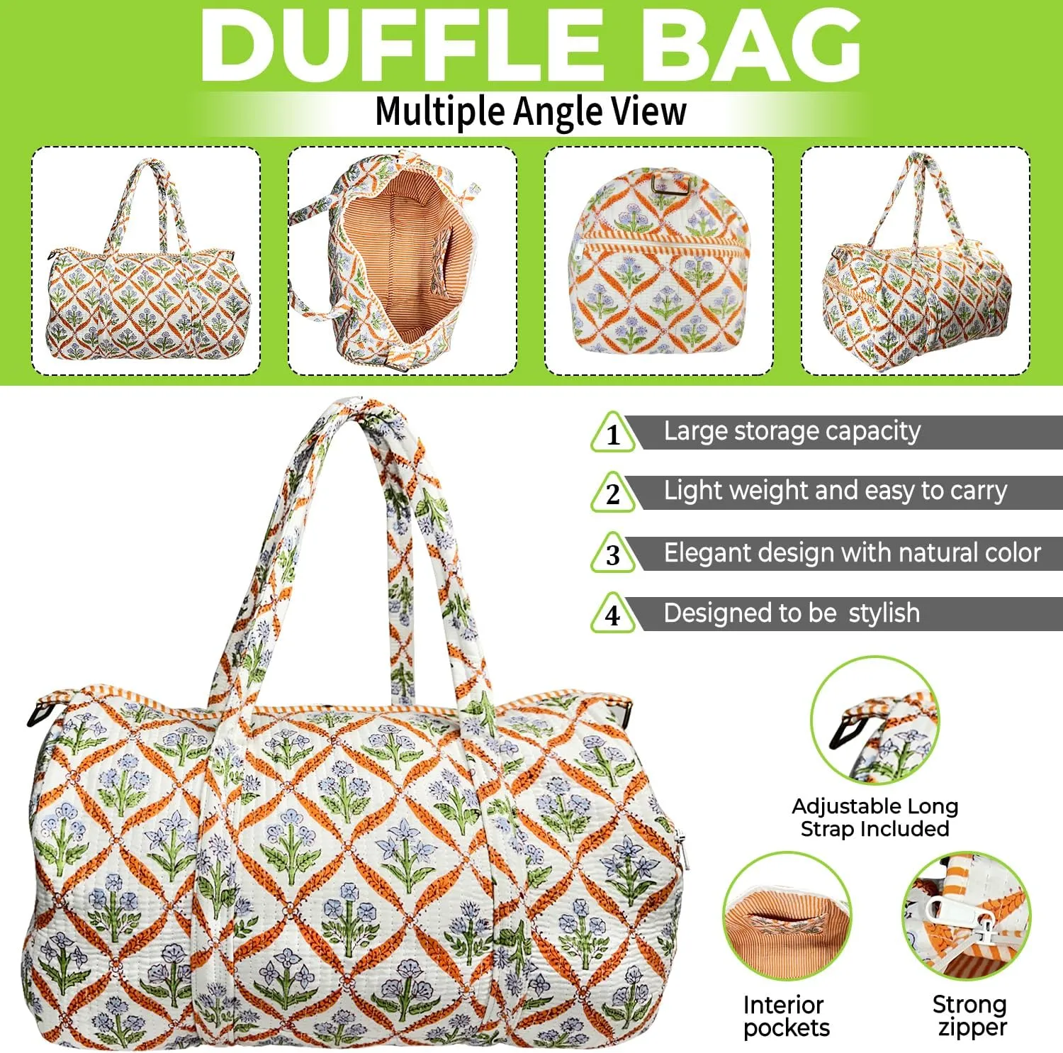 Duffle Bag – Handmade Block Print Duffle, Boho, Weekender, Travel Tote | Overnight Gym Yoga | Sustainable Cotton | Maternity, Hospital & Pregnancy Essentials | Washable