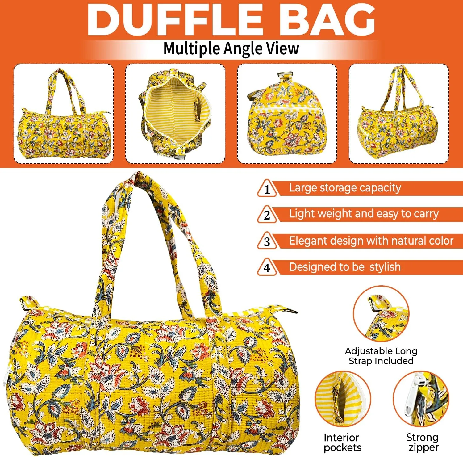 Duffle Bag – Handmade Block Print Duffle, Boho, Weekender, Travel Tote | Overnight Gym Yoga | Sustainable Cotton | Maternity, Hospital & Pregnancy Essentials | Washable
