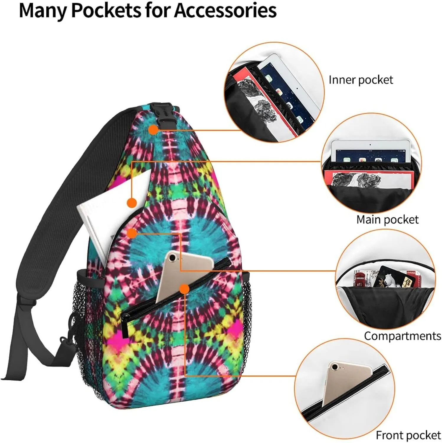 Dujiea Crossbody Backpack For Men Women Sling Bag, Peace Sign Tie Dye Chest Bag Shoulder Bag Lightweight One Strap Backpack Multipurpose Travel Hiking Daypack