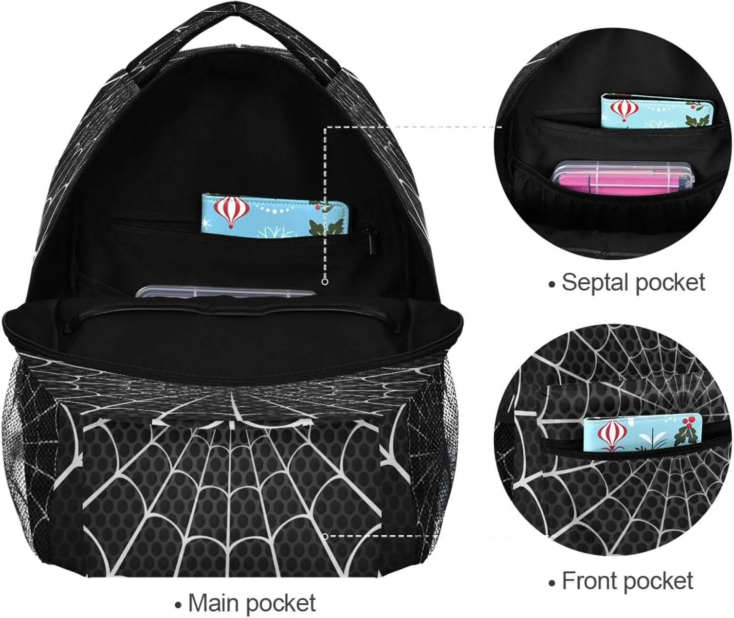 Dussdil White Spider Web Black Dot Kid's Backpack Boys Girls Backpacks 16 inch Casual Daypack Back Pack Bag with Adjustable Shoulder Strap Zipper Travel Bags