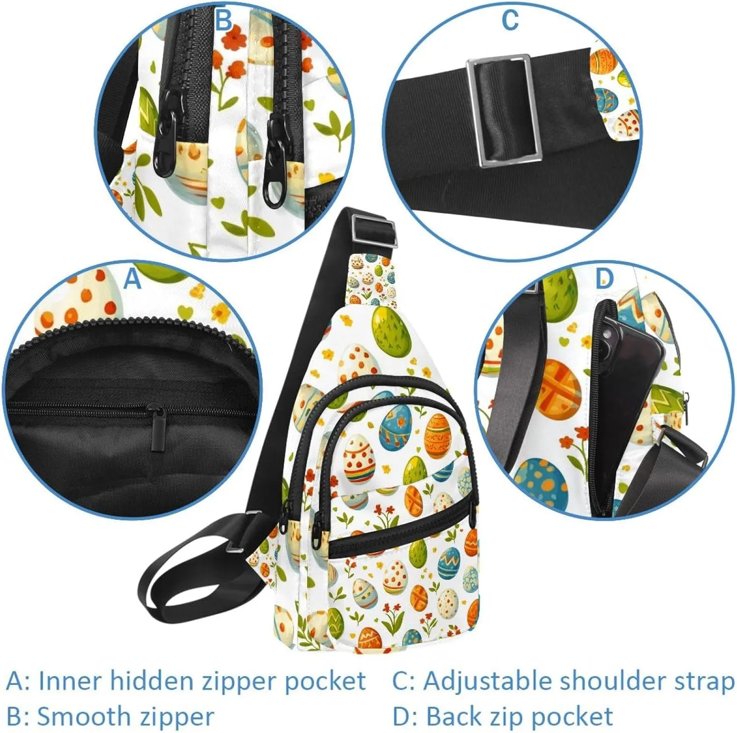 Easter Painted Eggs Sling Backpack, Adjustable Crossbody Shoulder Bag Travel Hiking Daypack