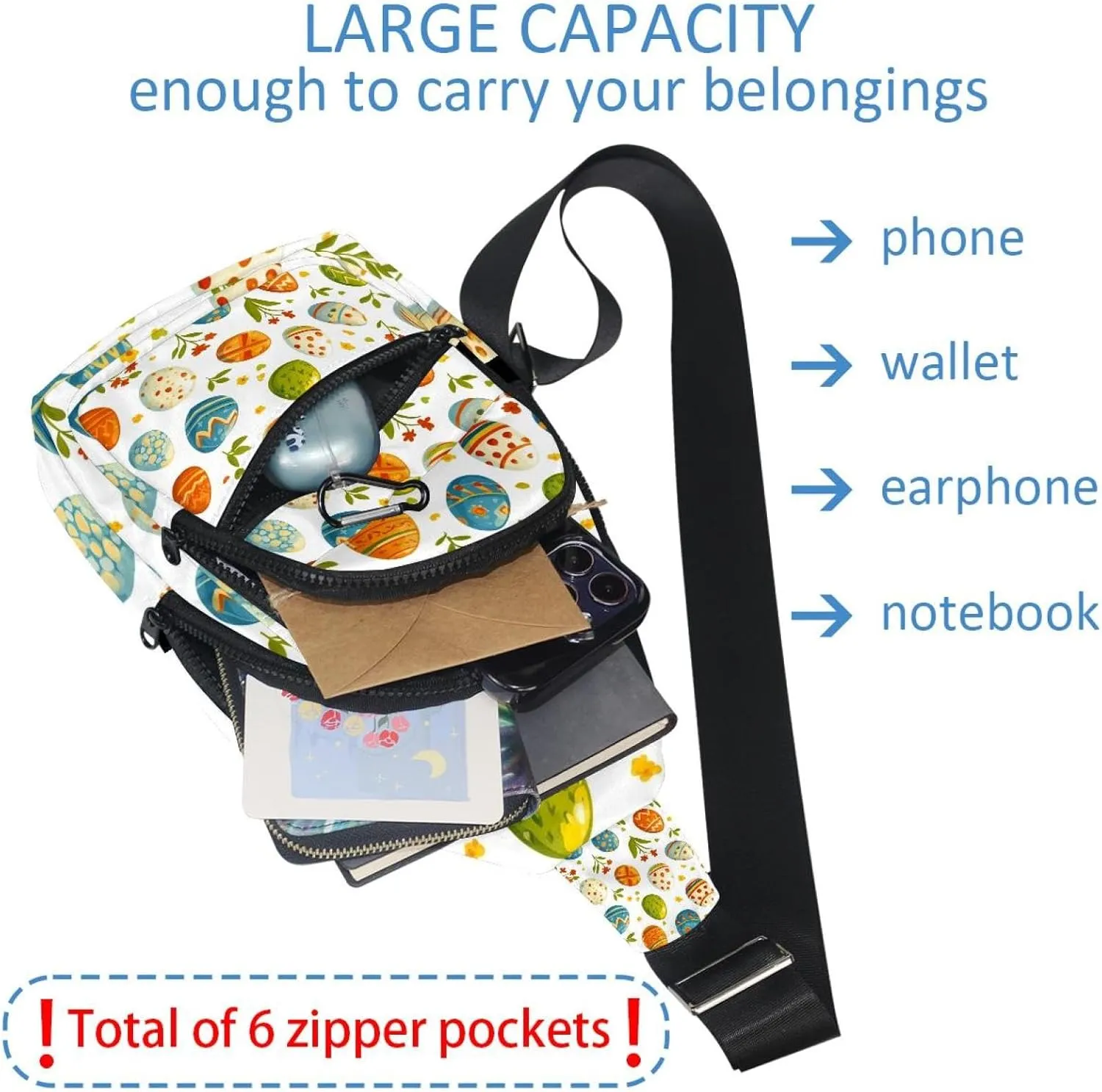 Easter Painted Eggs Sling Backpack, Adjustable Crossbody Shoulder Bag Travel Hiking Daypack