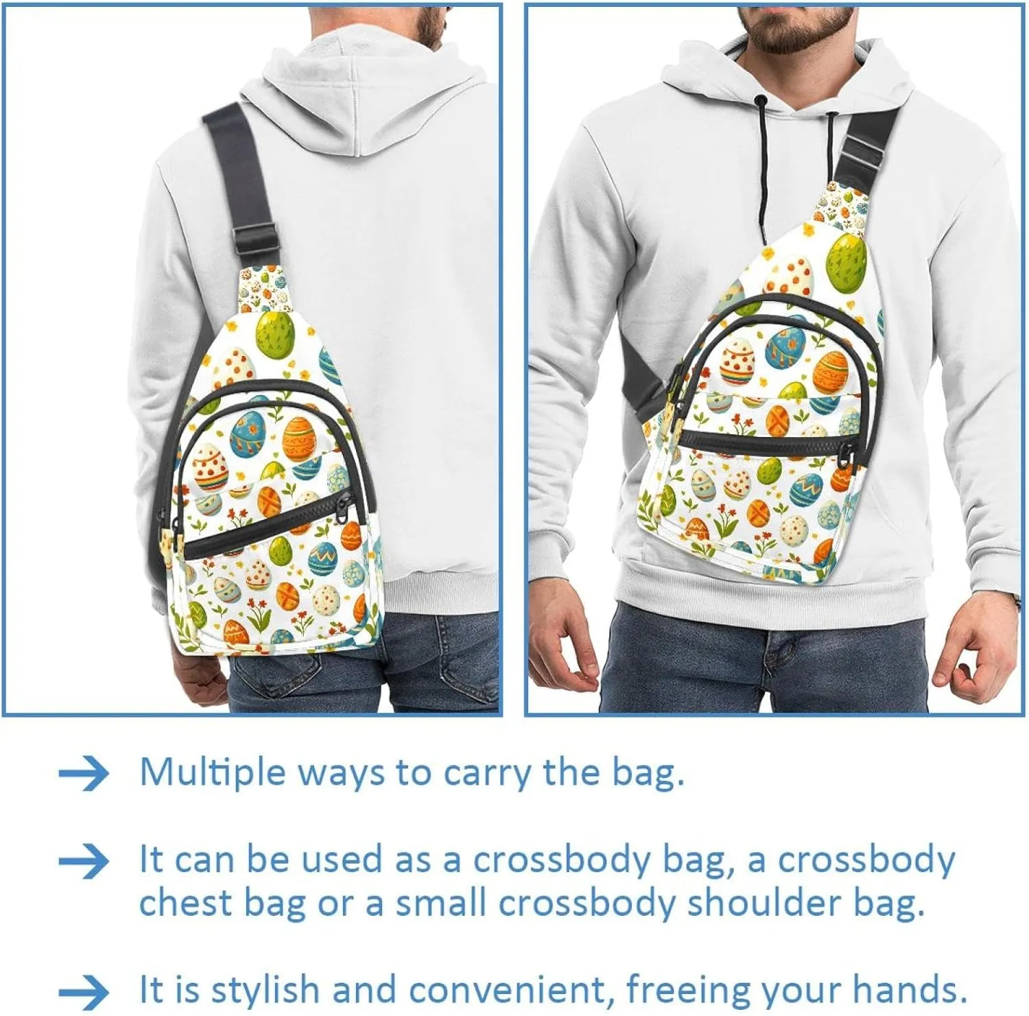 Easter Painted Eggs Sling Backpack, Adjustable Crossbody Shoulder Bag Travel Hiking Daypack