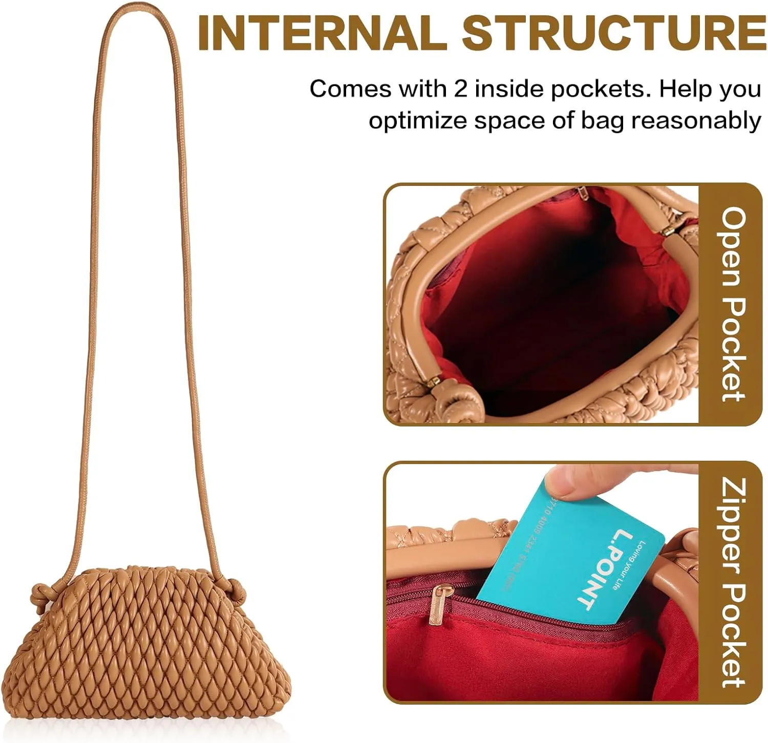 ELDA Quilted Clutch Handbag - Cloud Purse Fashion Ruched Leather Hobo Bag