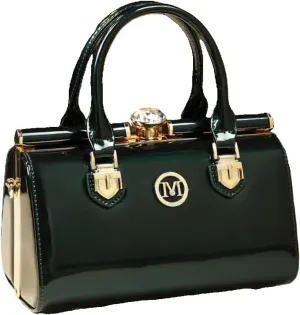 Elegant Patent Leather Handbag, Black with Gold Hardware, Crystal Accent, Mini Satchel Style