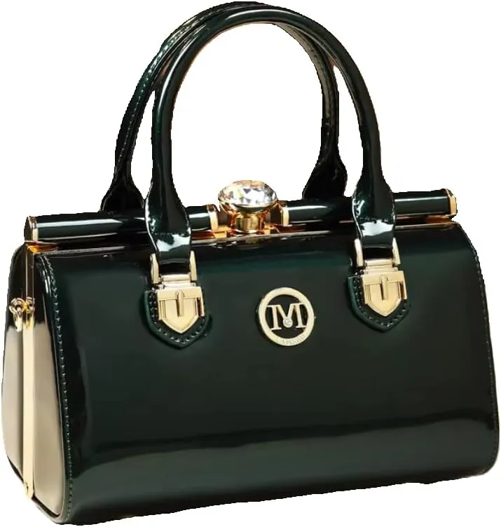 Elegant Patent Leather Handbag, Black with Gold Hardware, Crystal Accent, Mini Satchel Style