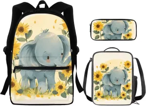 Elephant Backpacks for Girls 10-12 with Lunchbox Kids Backpack Boys Elementary School Casual Daypack Travel Rucksack with Water Bottle Pocket