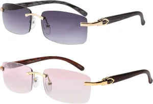 Elite Slim Rimless Rectangular Metal & Wood Art Aviator Sunglasses
