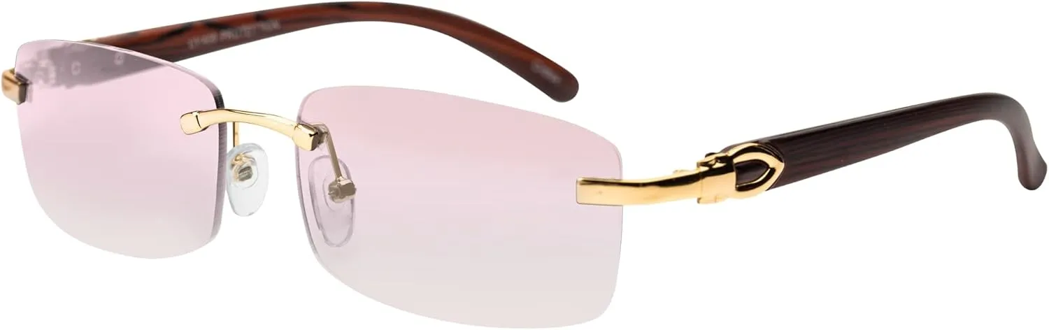 Elite Slim Rimless Rectangular Metal & Wood Art Aviator Sunglasses