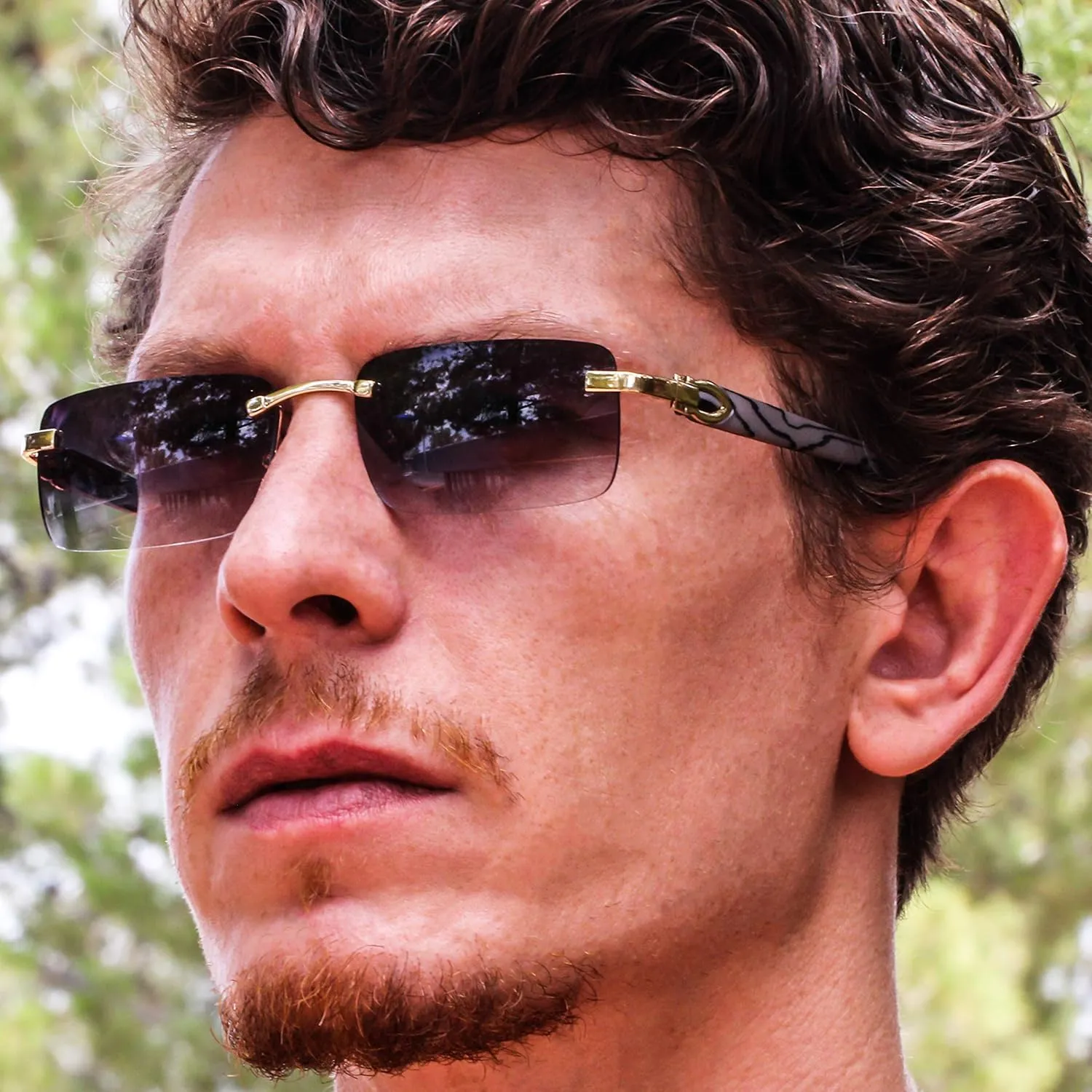 Elite Slim Rimless Rectangular Metal & Wood Art Aviator Sunglasses