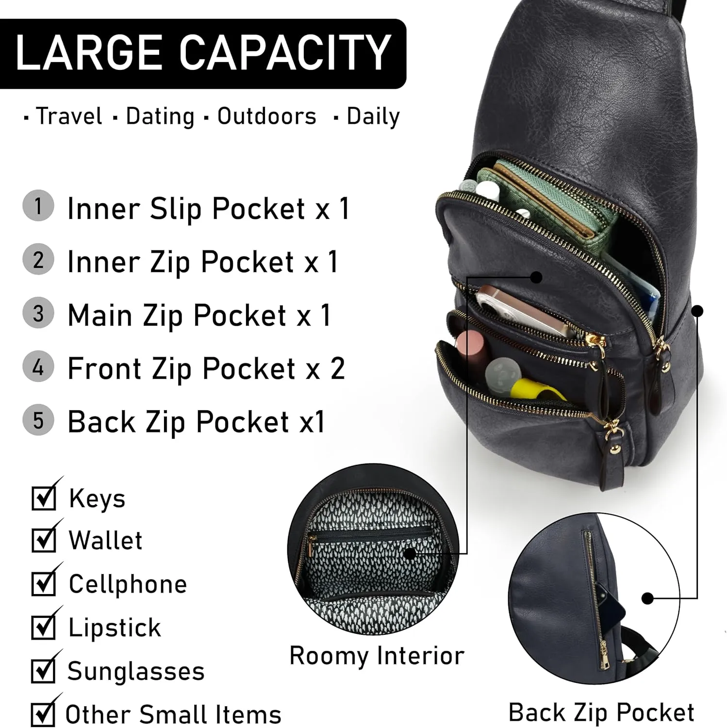 Emperia Small Sling Bag Fanny Packs Crossbody Bags Travel Backpack Chest Bag Gifts for Women Men Black