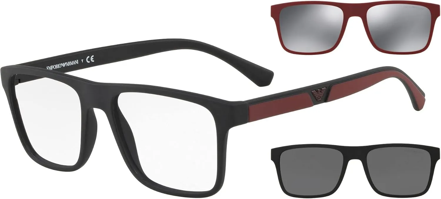 Emporio Armani Men's Ea4115 Prescription Eyewear Frames with Two Interchangeable Sun Clip-ons Rectangular