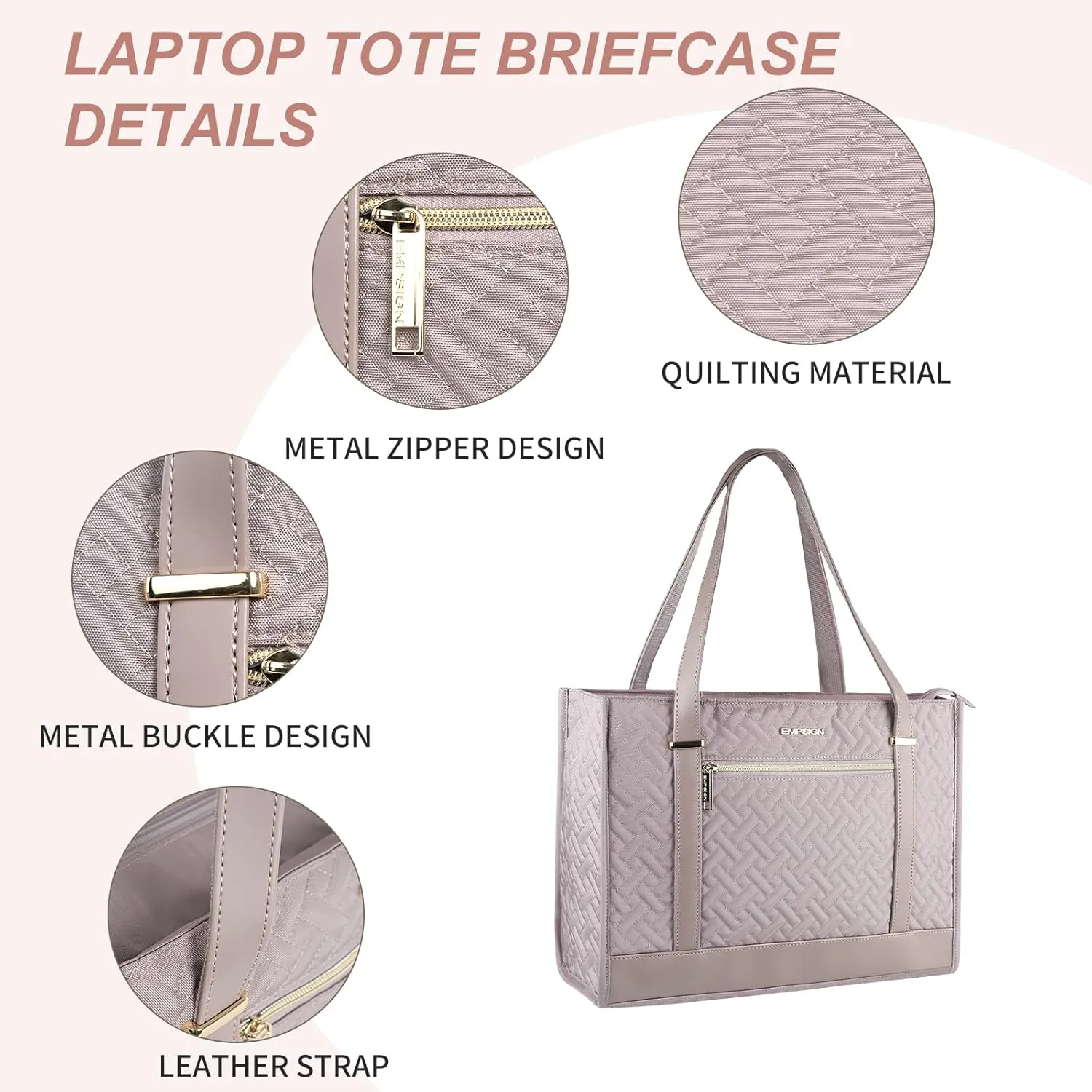 EMPSIGN Laptop Tote bag for women 16 Inch, Stylish Computer Shoulder Tote Bag for Work, Large Capacity Quilted Laptop Briefcase, Waterproof Women Business Office Bag, Quilted Grey Pink