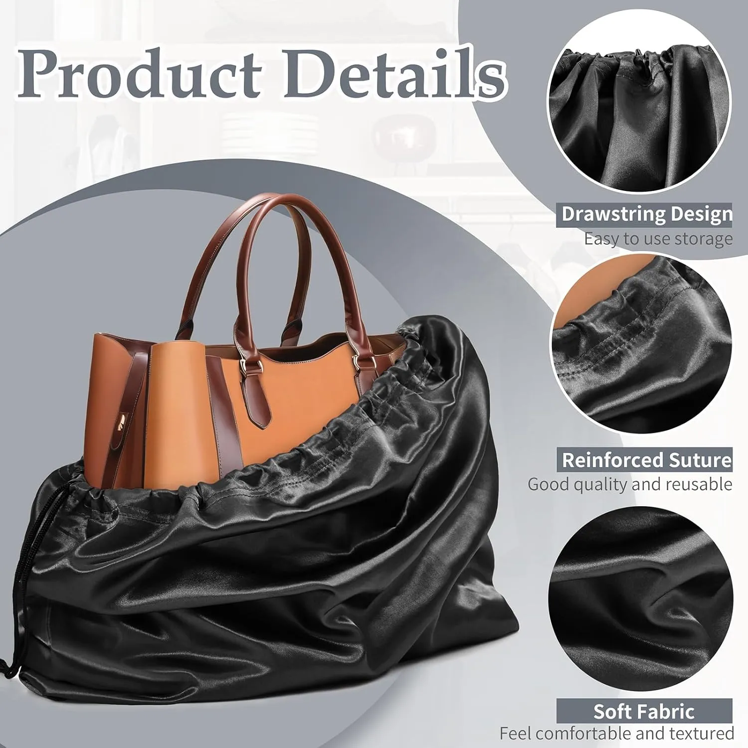 Ersmak 6 Pack Dust Bags for Handbags - Black Silk Dust Cover Bag for Purses Shoes - Satin Drawstring Dustproof Bags for Travel Storage - 19.7 x 15.7 In