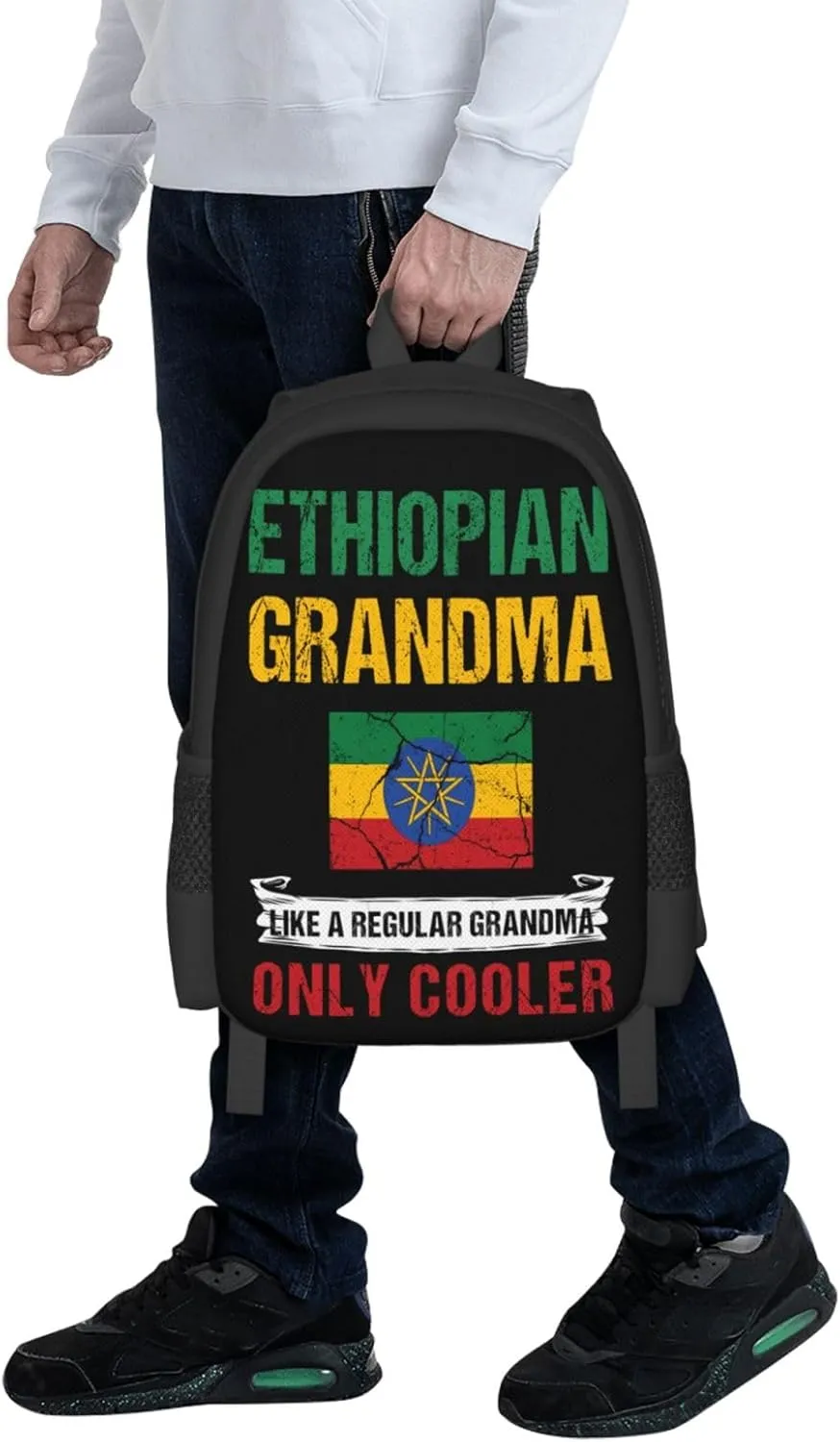 Ethiopia Flag Ethiopian Grandma Cool Casual Backpacks Large Capacity Backpack Laptop Rucksack Sport Daypack Commuter Bags with Adjustable Strap for Traveling Camping