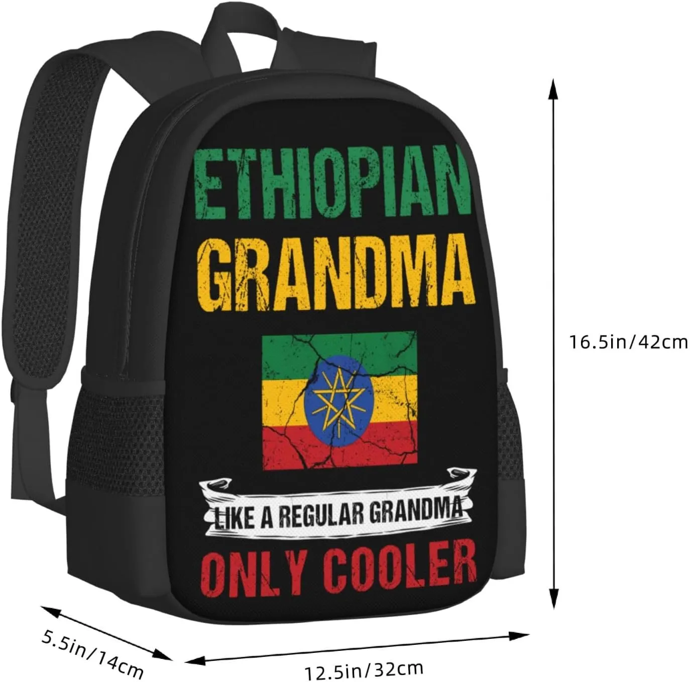 Ethiopia Flag Ethiopian Grandma Cool Casual Backpacks Large Capacity Backpack Laptop Rucksack Sport Daypack Commuter Bags with Adjustable Strap for Traveling Camping