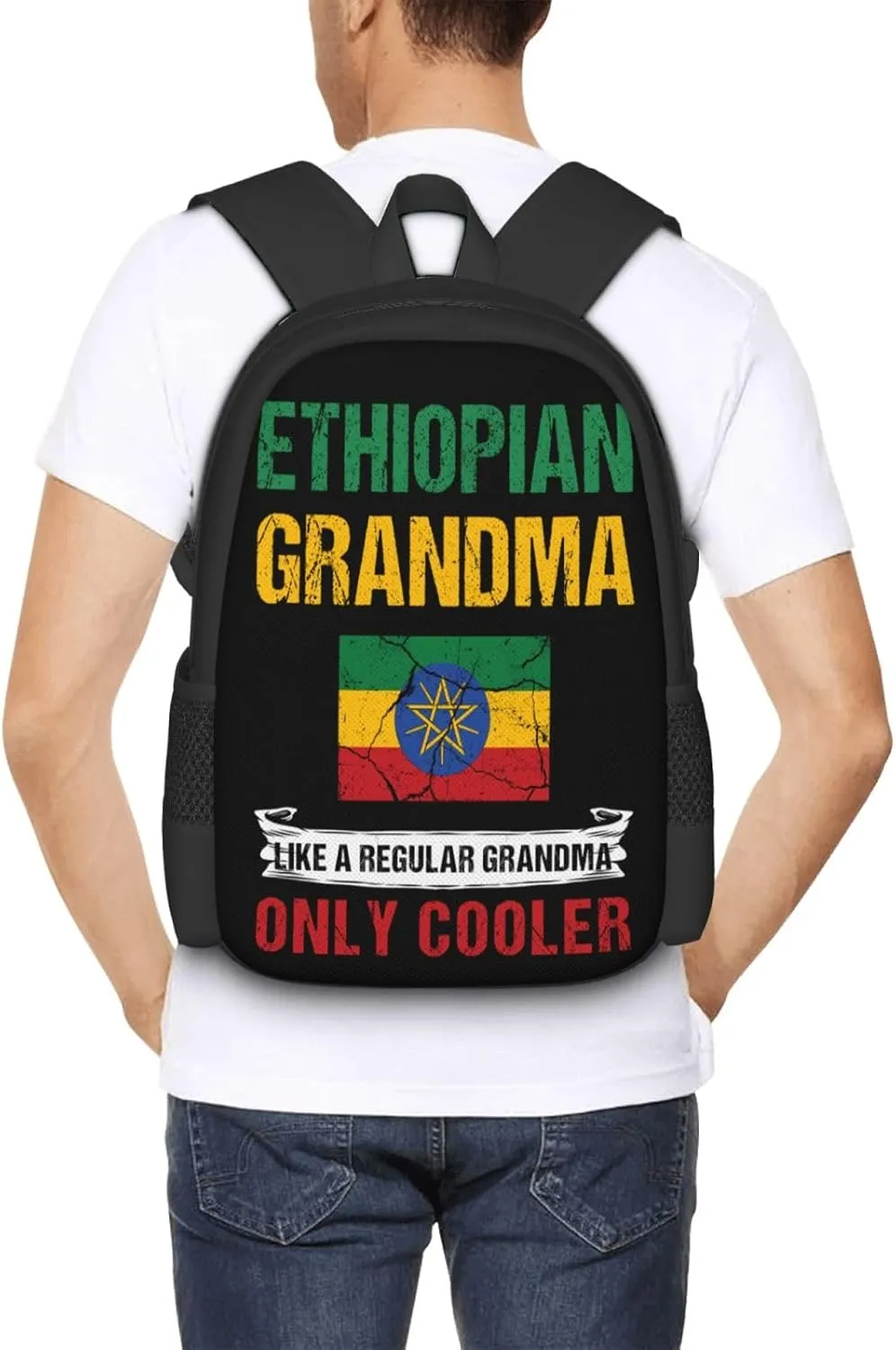 Ethiopia Flag Ethiopian Grandma Cool Casual Backpacks Large Capacity Backpack Laptop Rucksack Sport Daypack Commuter Bags with Adjustable Strap for Traveling Camping