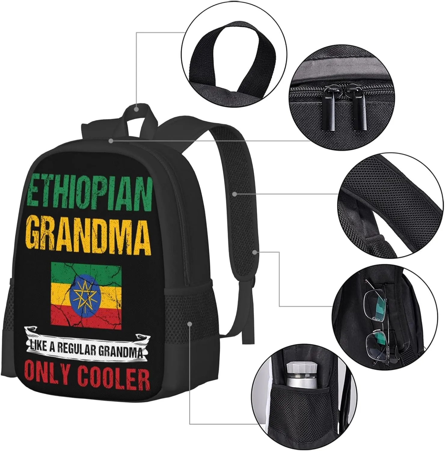 Ethiopia Flag Ethiopian Grandma Cool Casual Backpacks Large Capacity Backpack Laptop Rucksack Sport Daypack Commuter Bags with Adjustable Strap for Traveling Camping