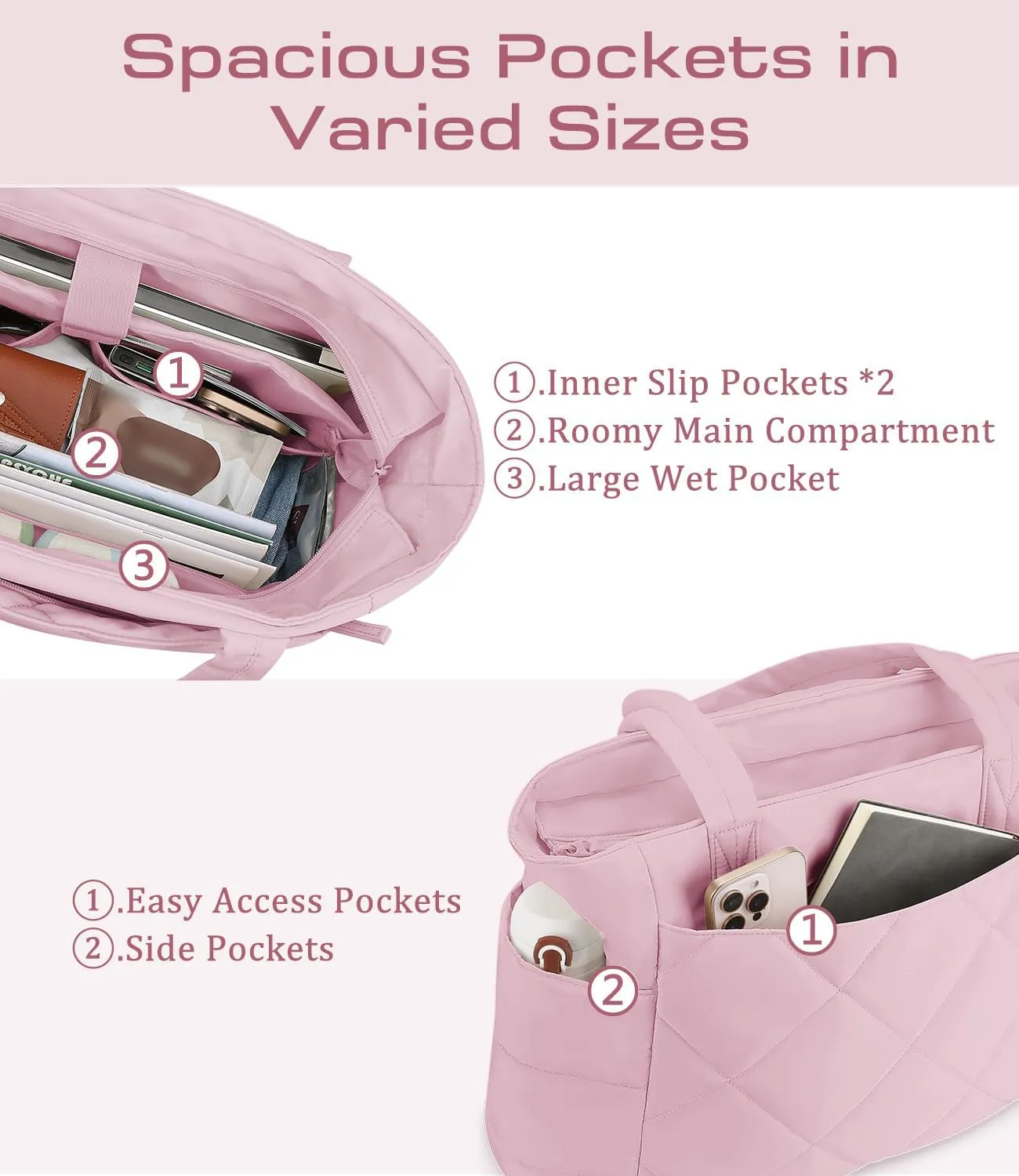 ETRONIK Tote Bag for Women, Lightweight Puffy Tote Bag with Multiple Pockets, Large Quilted Shoulder Handbag for Travel
