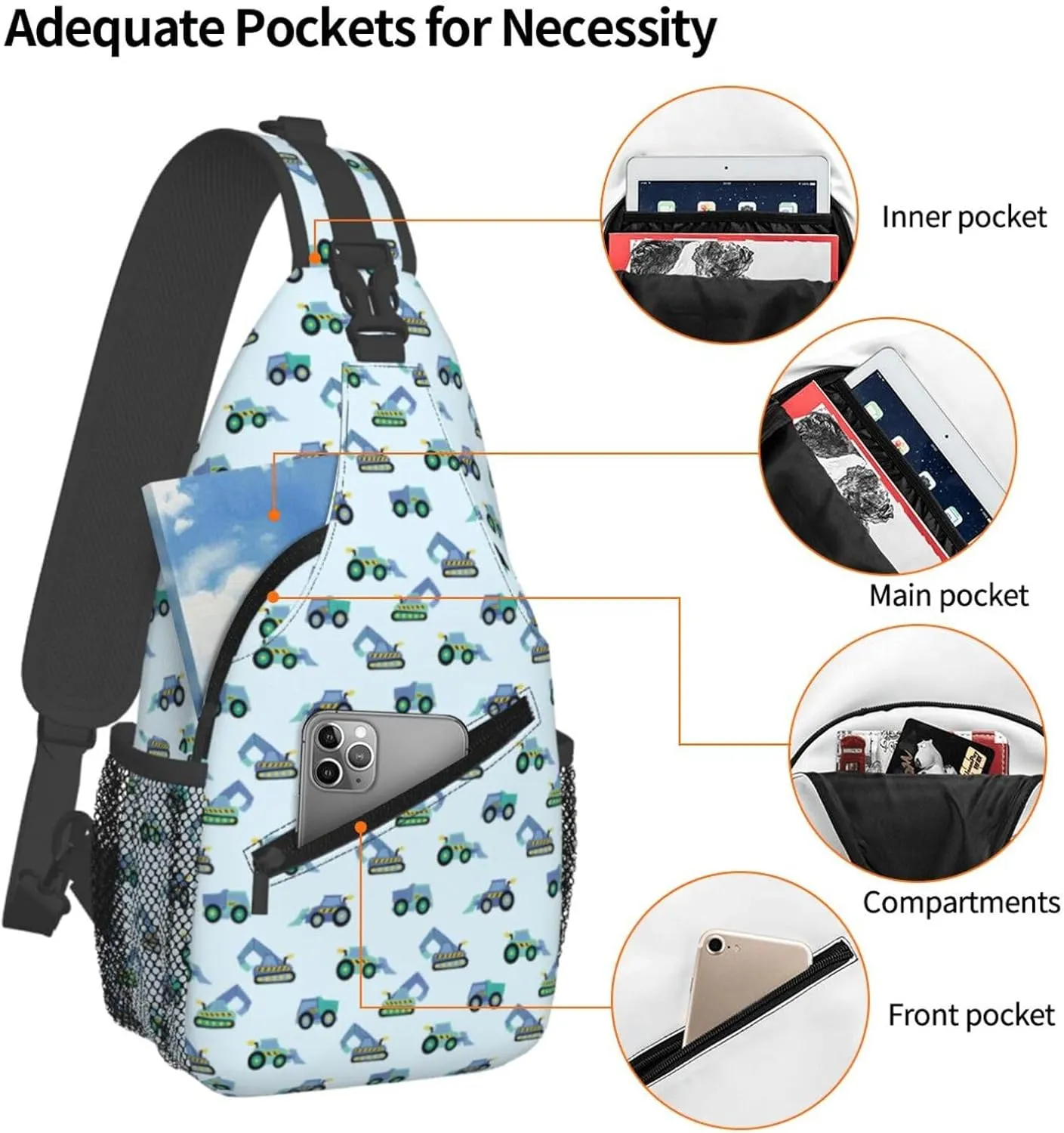 Excavator American Flag Crossbody Bag Adjustable Sling Bag Casual Chest Bags Travel Shoulder Backpack