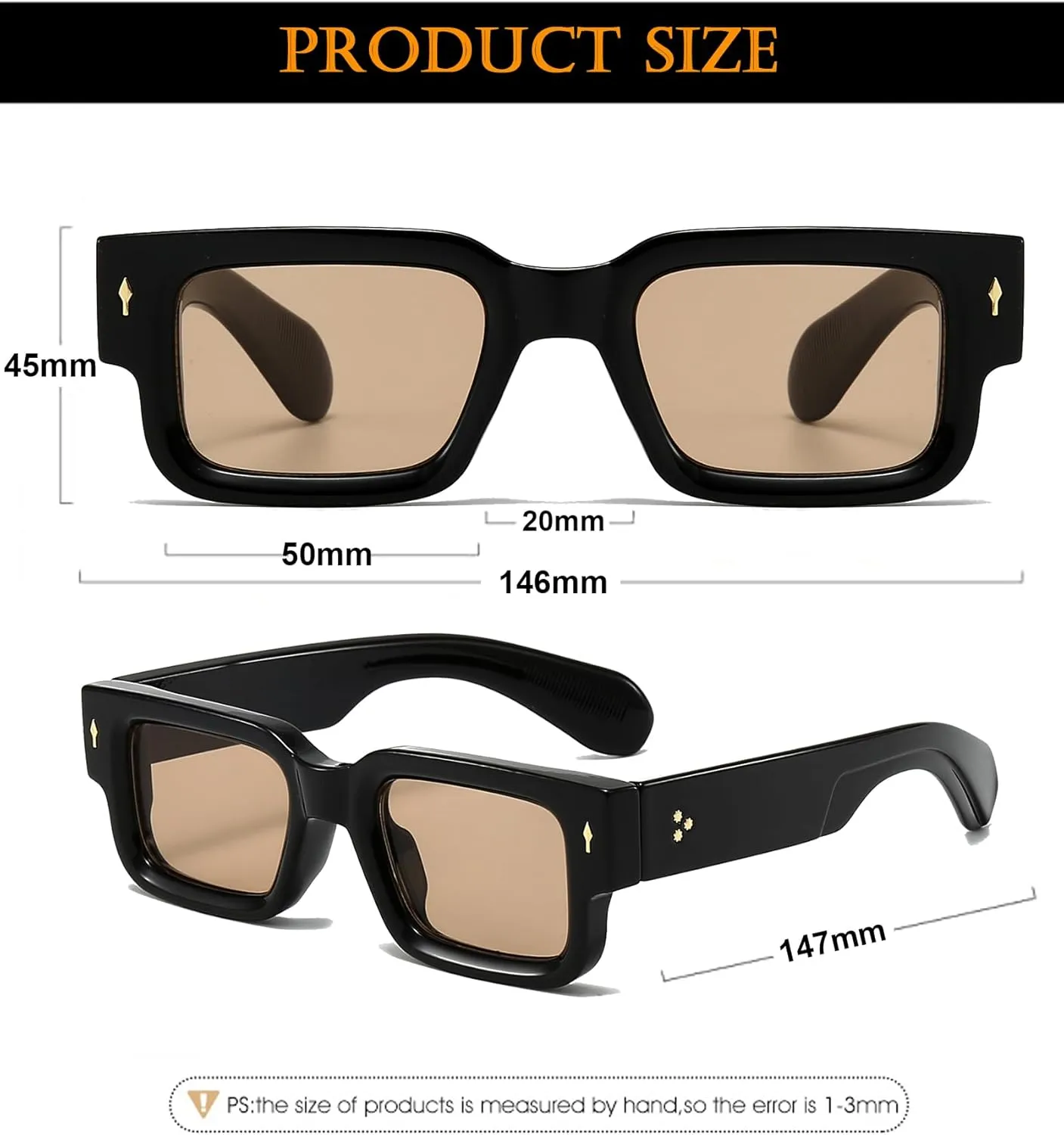 EYLRIM Thick Frame Square Sunglasses for Women Men Chunky Rectangle Sun Glasses Black Shades UV400 Protection