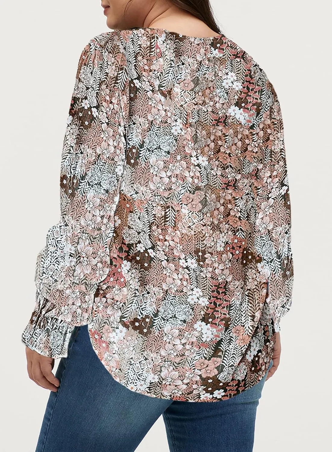 Eytino Plus Size Tops for Women Boho Floral Print V Neck Long Sleeve Drawstring Chiffon Blouses Shirts(1X-5X)