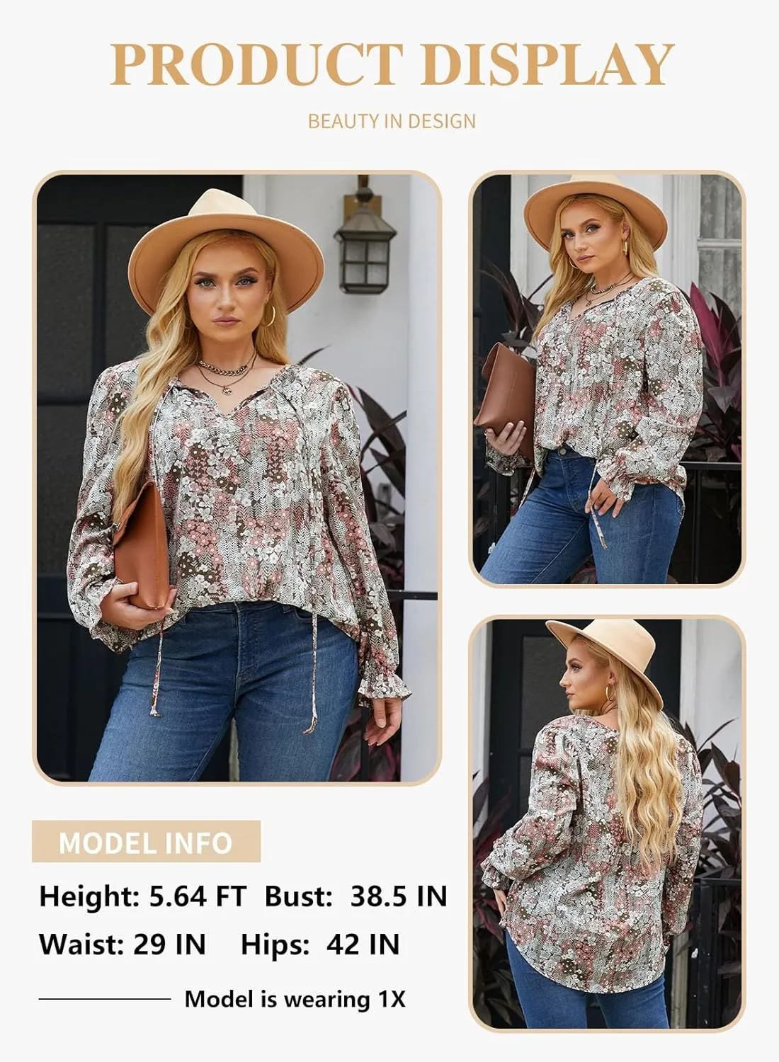Eytino Plus Size Tops for Women Boho Floral Print V Neck Long Sleeve Drawstring Chiffon Blouses Shirts(1X-5X)
