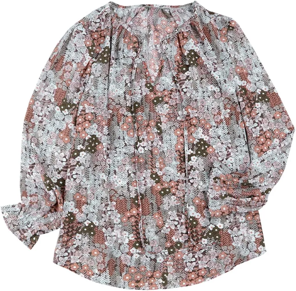 Eytino Plus Size Tops for Women Boho Floral Print V Neck Long Sleeve Drawstring Chiffon Blouses Shirts(1X-5X)