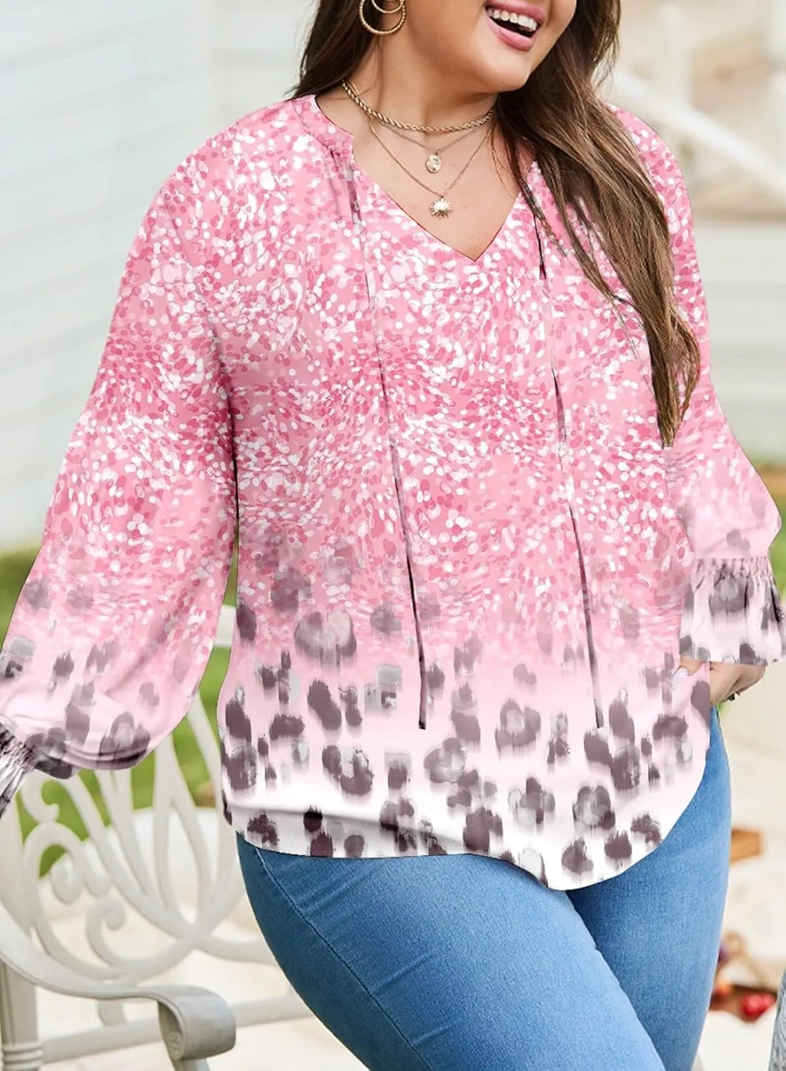 Eytino Plus Size Tops for Women Boho Floral Print V Neck Long Sleeve Drawstring Chiffon Blouses Shirts(1X-5X)