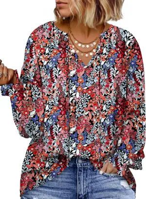 Eytino Plus Size Tops for Women Boho Floral Print V Neck Long Sleeve Drawstring Chiffon Blouses Shirts(1X-5X)
