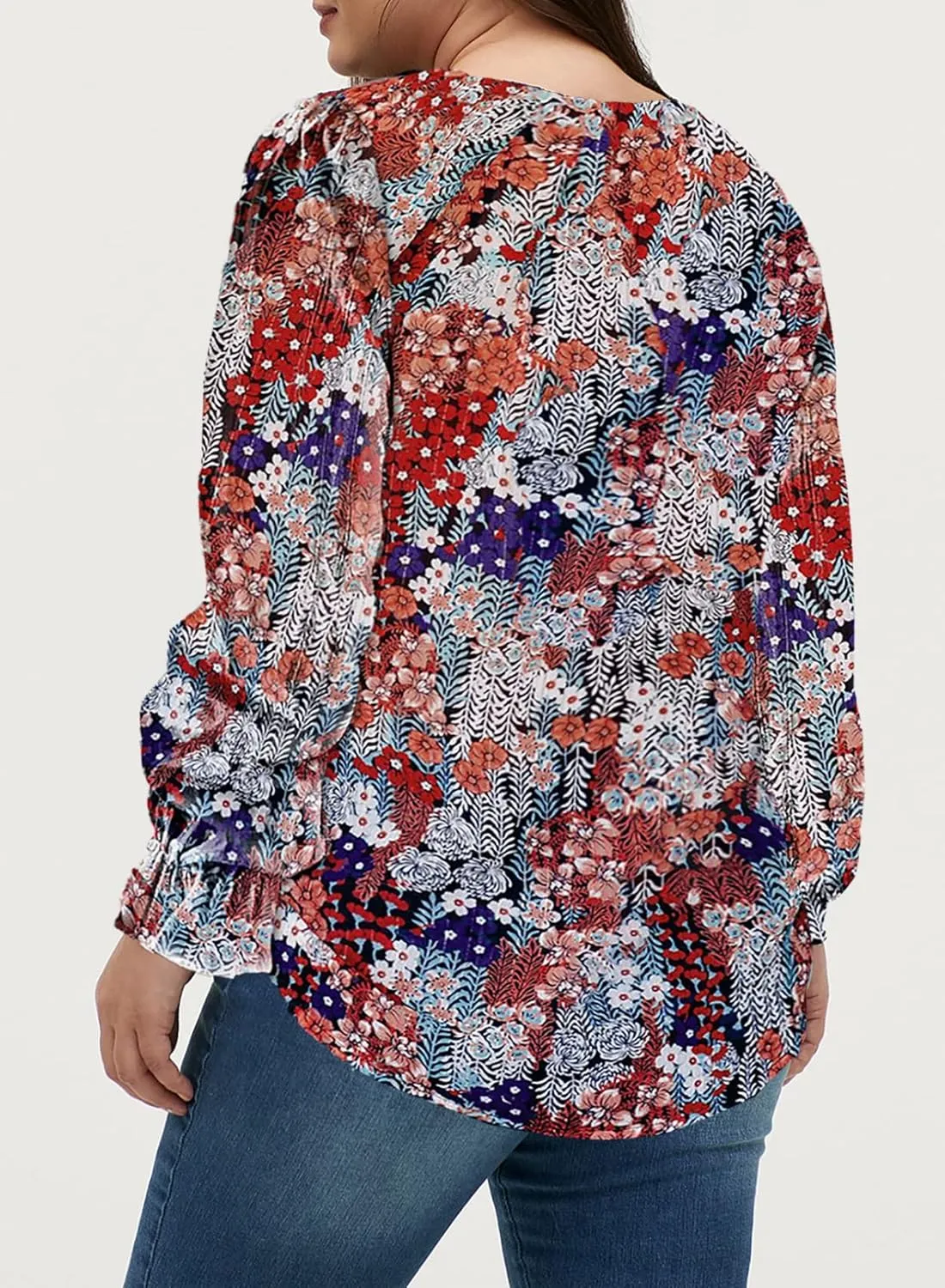 Eytino Plus Size Tops for Women Boho Floral Print V Neck Long Sleeve Drawstring Chiffon Blouses Shirts(1X-5X)