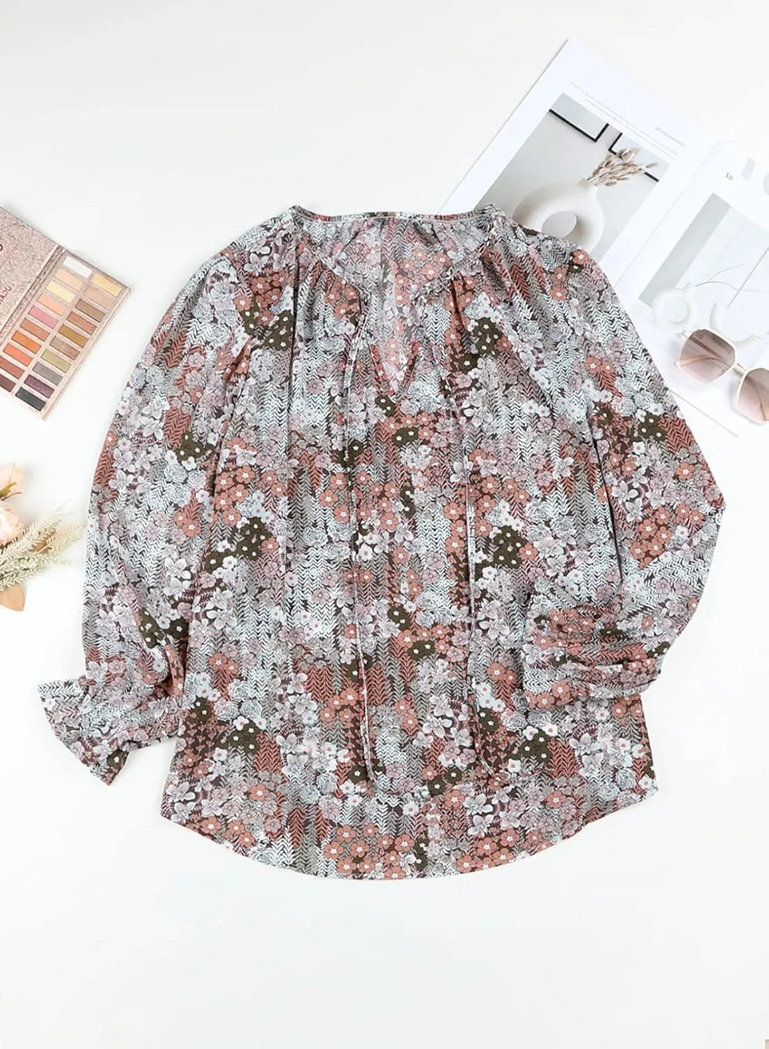 Eytino Plus Size Tops for Women Boho Floral Print V Neck Long Sleeve Drawstring Chiffon Blouses Shirts(1X-5X)