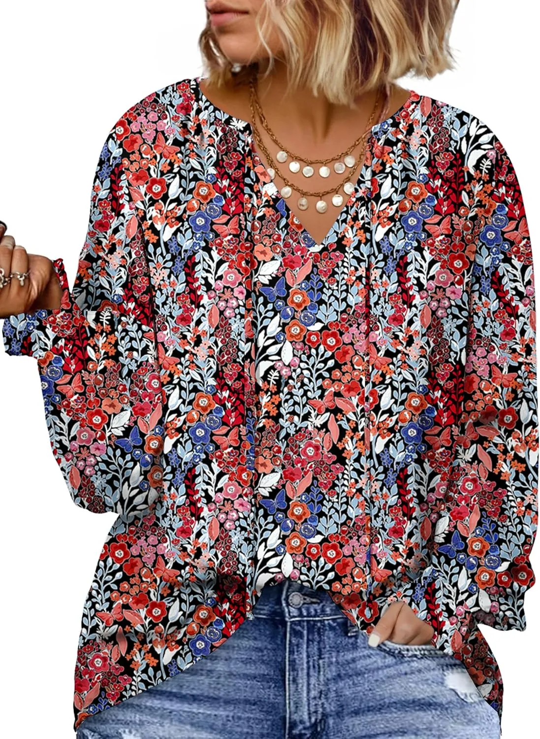 Eytino Plus Size Tops for Women Boho Floral Print V Neck Long Sleeve Drawstring Chiffon Blouses Shirts(1X-5X)