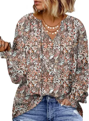Eytino Plus Size Tops for Women Boho Floral Print V Neck Long Sleeve Drawstring Chiffon Blouses Shirts(1X-5X)