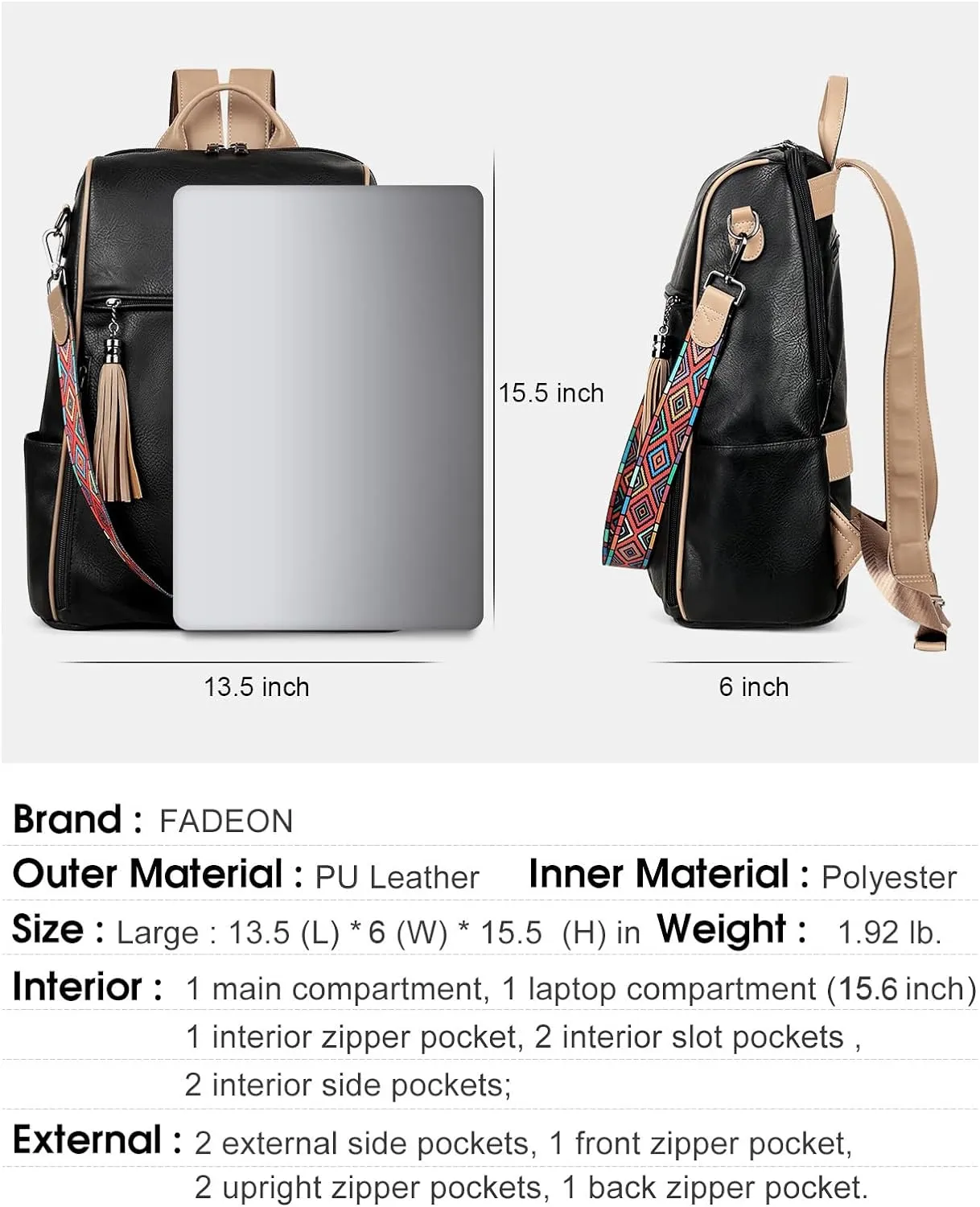 FADEON Laptop Backpack Purse for Women Large Designer PU Leather Laptop Bag, Ladies Computer Shoulder Bags