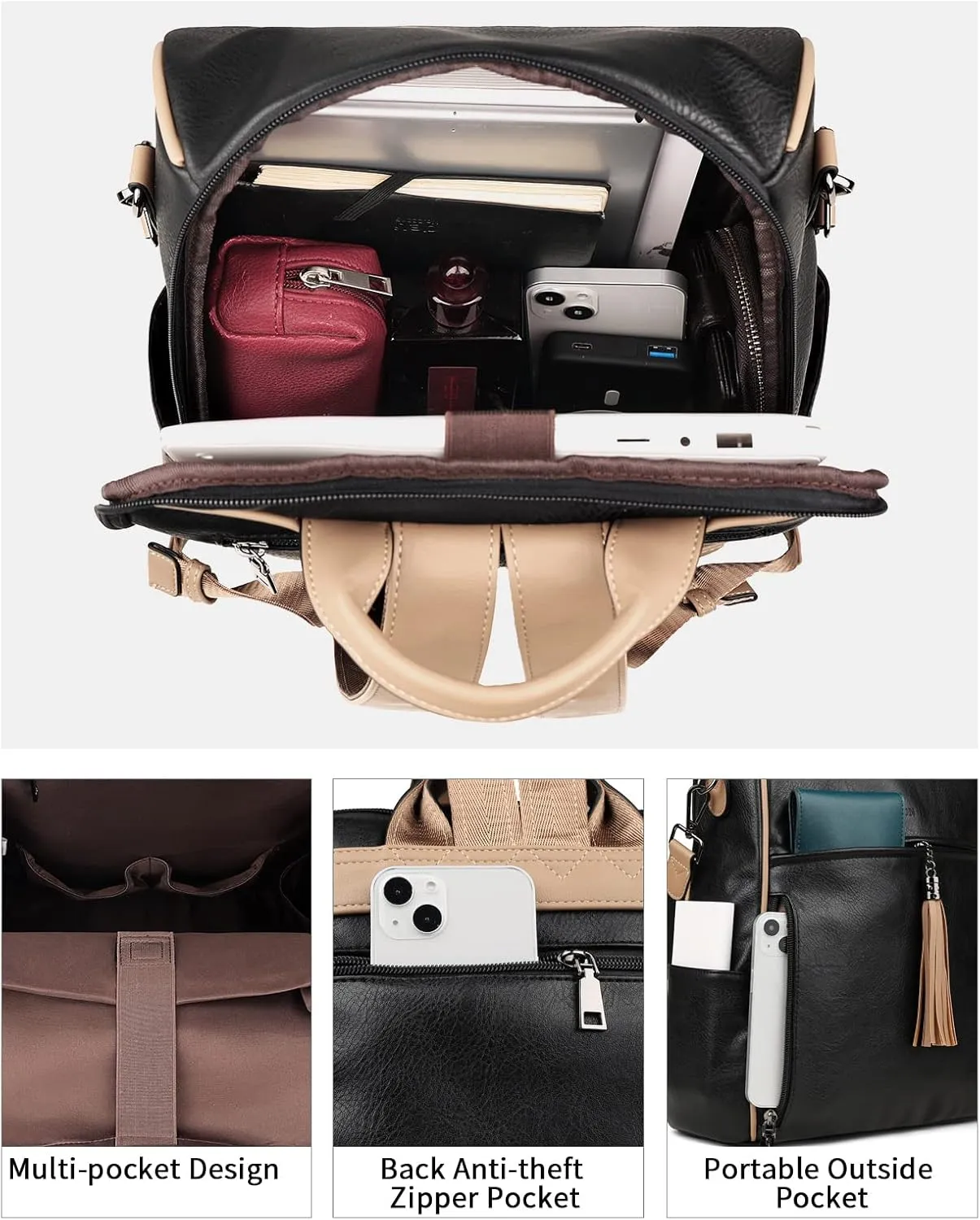 FADEON Laptop Backpack Purse for Women Large Designer PU Leather Laptop Bag, Ladies Computer Shoulder Bags