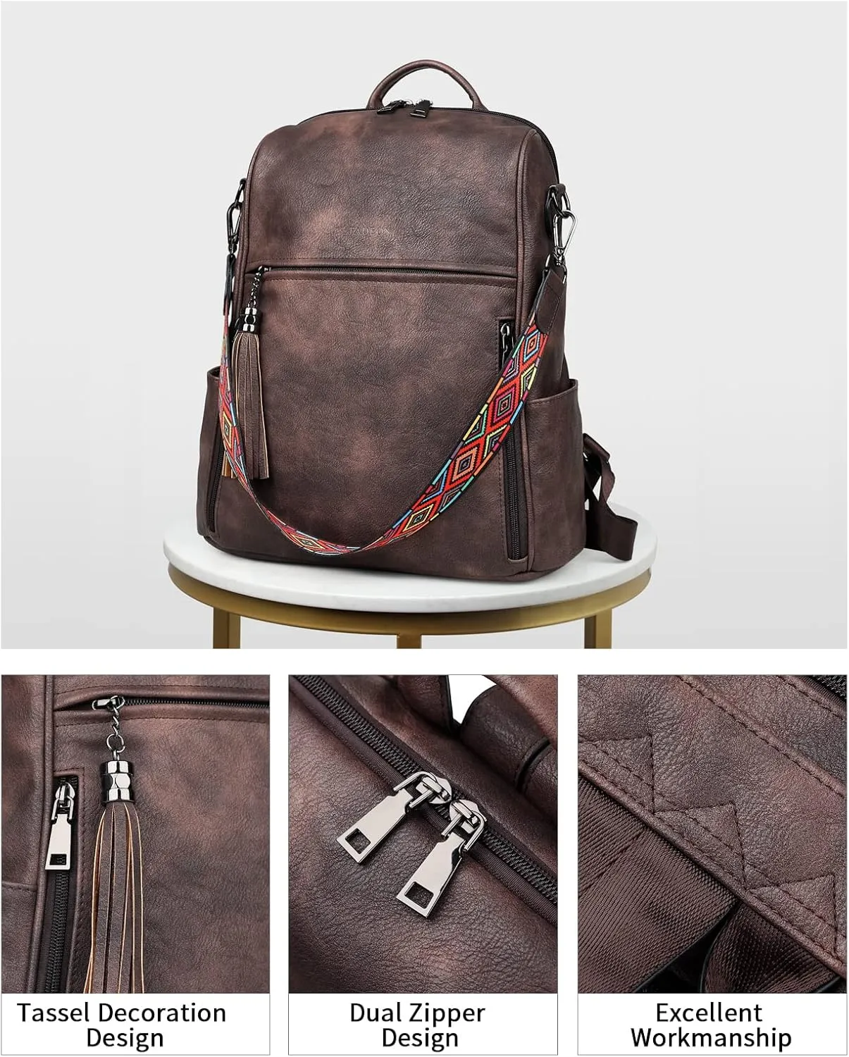 FADEON Leather Backpack Purse for Women Designer Travel Backpack Purses PU Fashion Ladies Shoulder Bag with Tassel