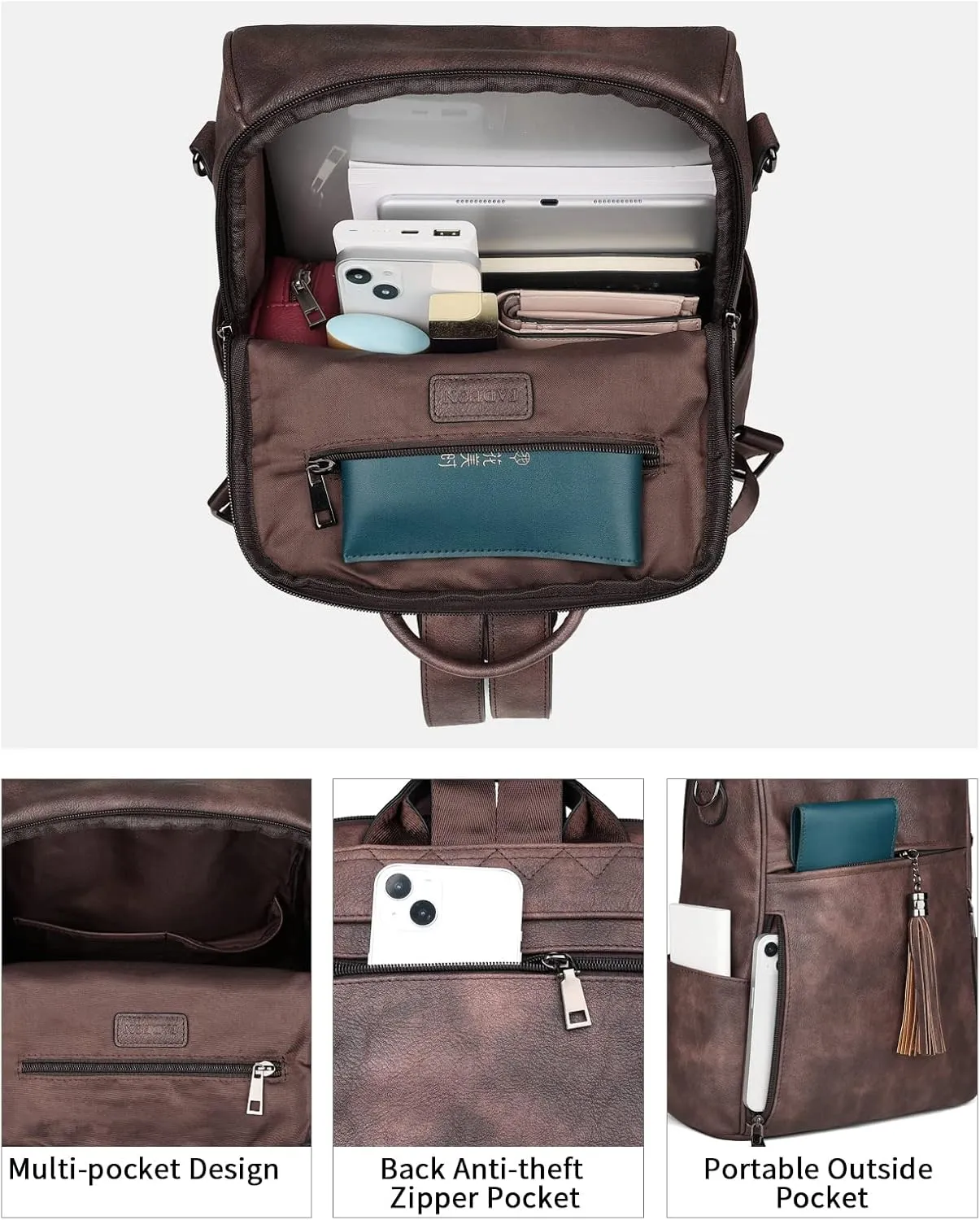 FADEON Leather Backpack Purse for Women Designer Travel Backpack Purses PU Fashion Ladies Shoulder Bag with Tassel