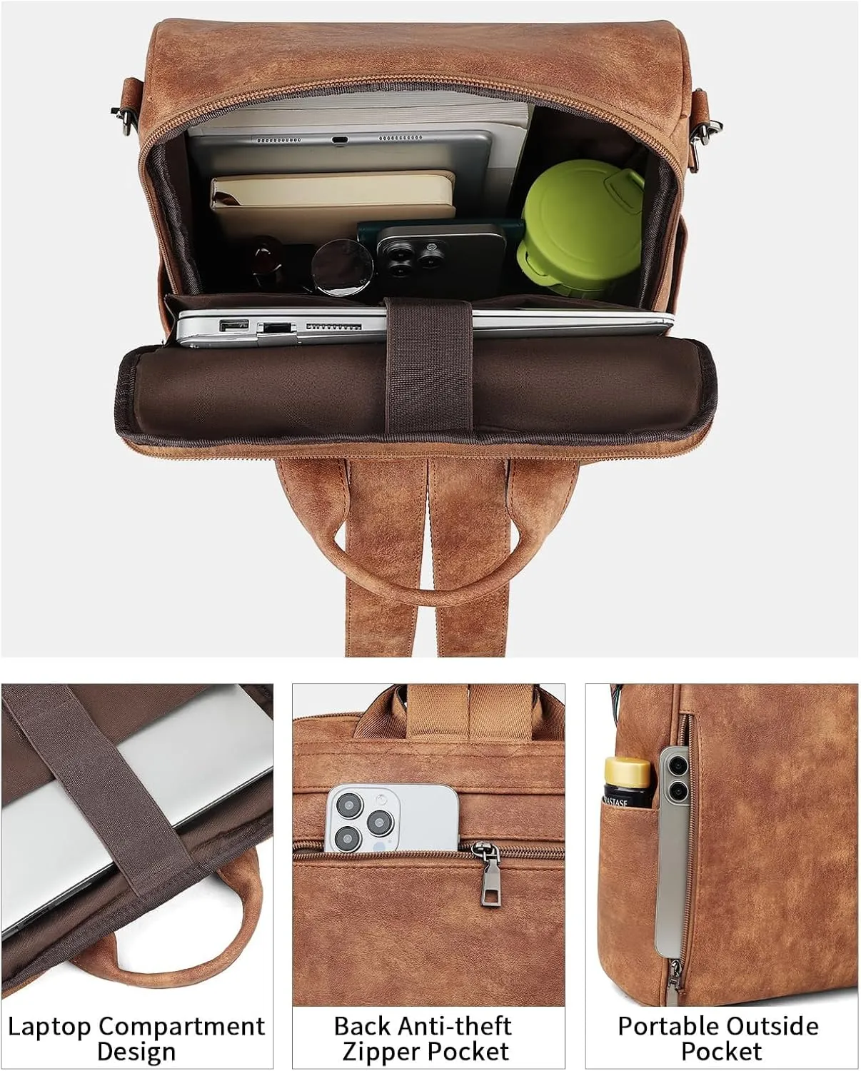 FADEON Leather Laptop Backpack for Women Designer 15.6 inch PU Laptop Bag, Ladies Travel Computer Work Backpack Brown