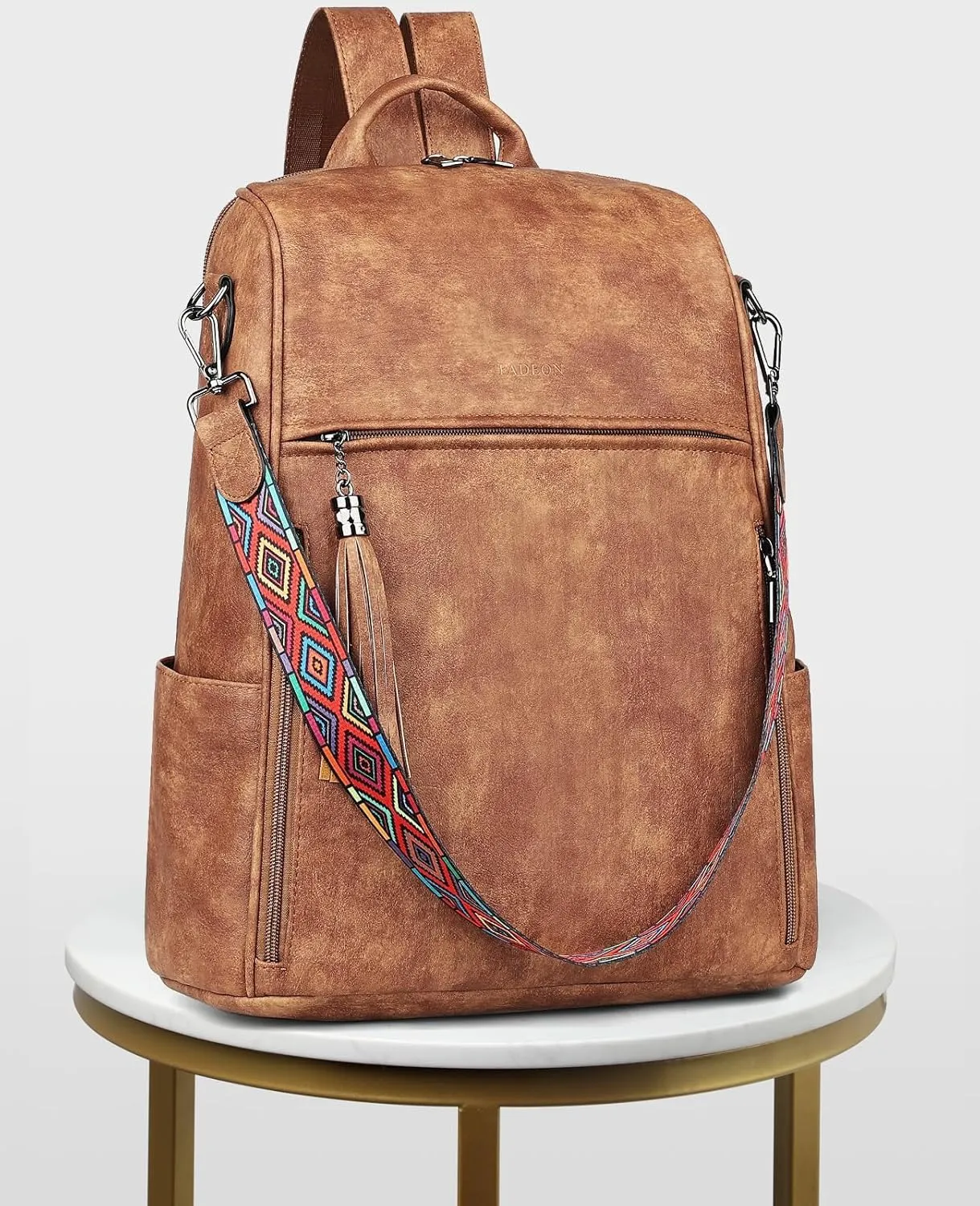 FADEON Leather Laptop Backpack for Women Designer 15.6 inch PU Laptop Bag, Ladies Travel Computer Work Backpack Brown