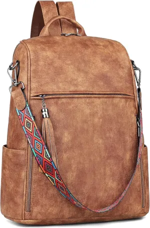 FADEON Leather Laptop Backpack for Women Designer 15.6 inch PU Laptop Bag, Ladies Travel Computer Work Backpack Brown