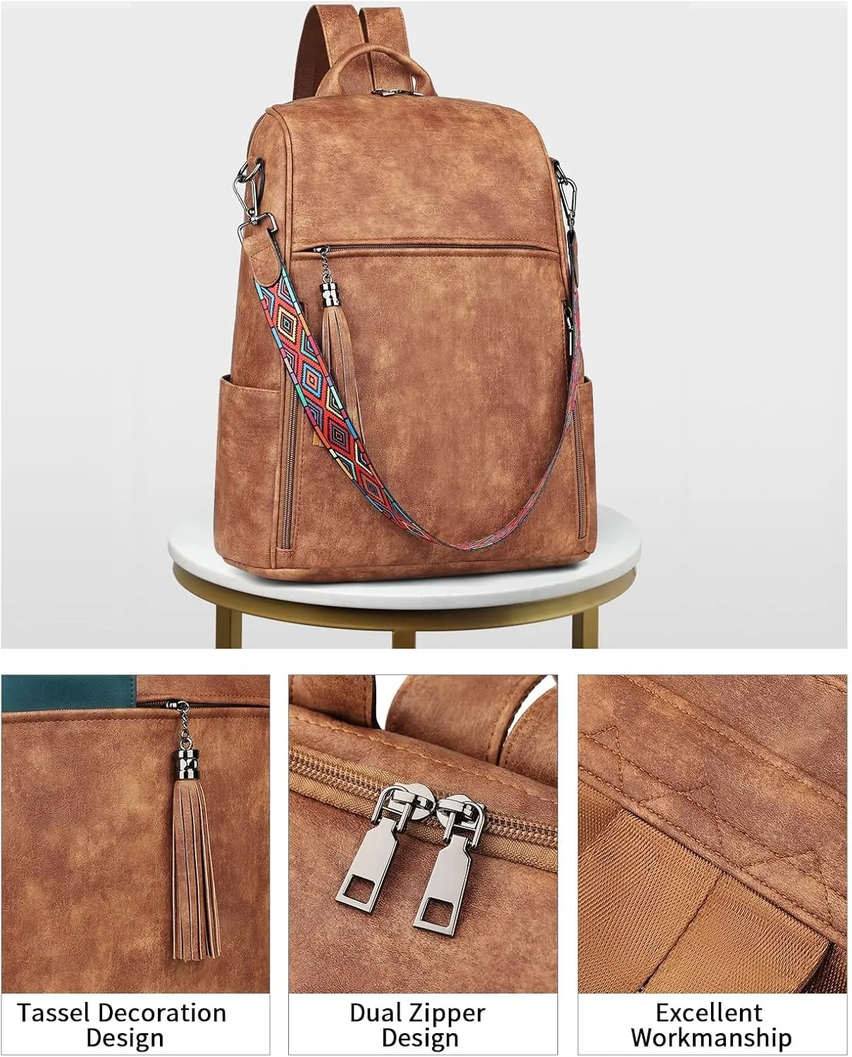 FADEON Leather Laptop Backpack for Women Designer 15.6 inch PU Laptop Bag, Ladies Travel Computer Work Backpack Brown
