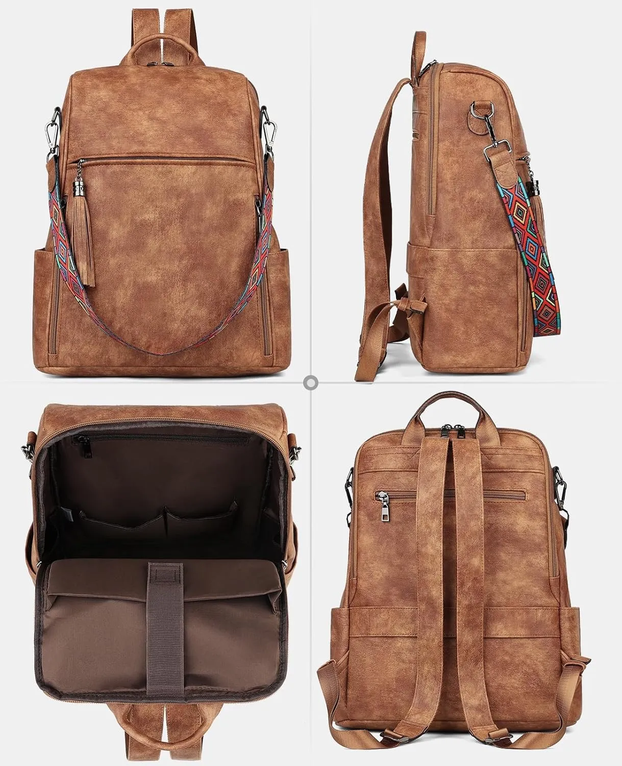 FADEON Leather Laptop Backpack for Women Designer 15.6 inch PU Laptop Bag, Ladies Travel Computer Work Backpack Brown