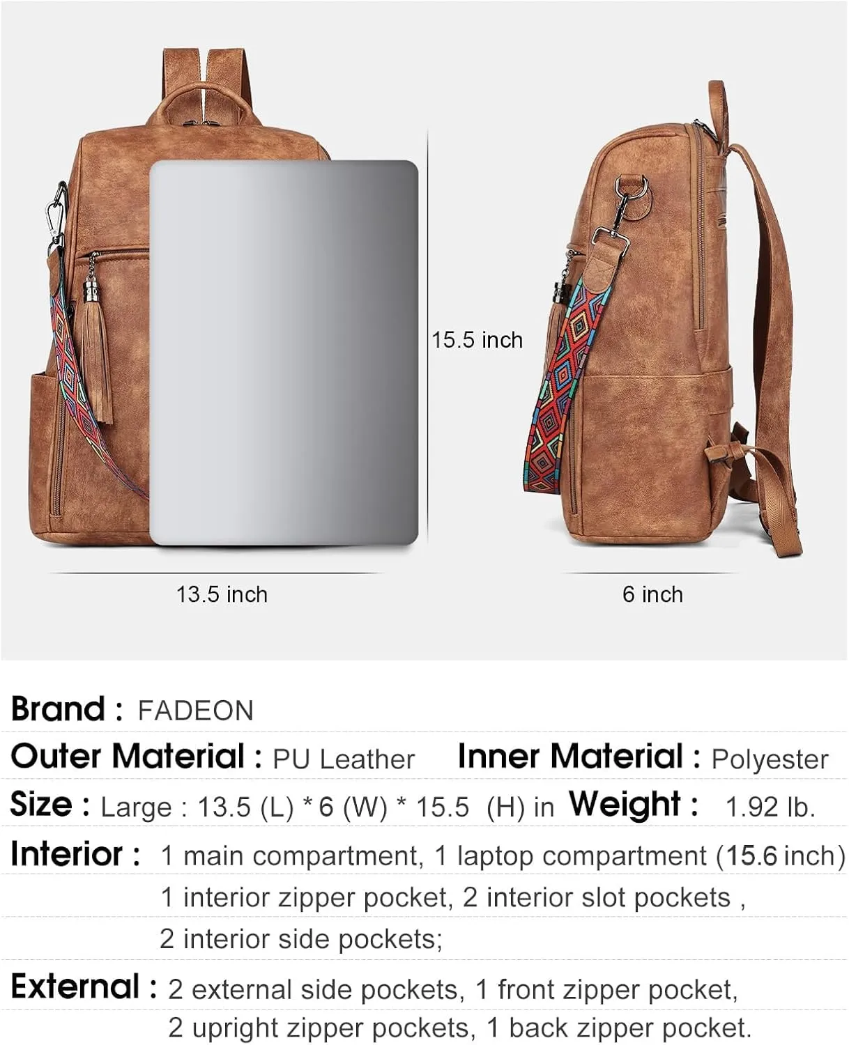 FADEON Leather Laptop Backpack for Women Designer 15.6 inch PU Laptop Bag, Ladies Travel Computer Work Backpack Brown